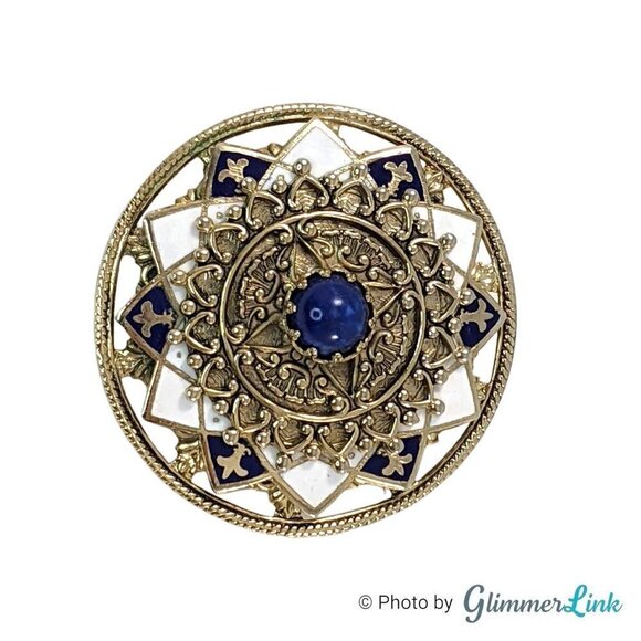 Vintage Ornate Round Blue White Fleurs de Lis Gold Tone Brooch Pin - Picture 2 of 8